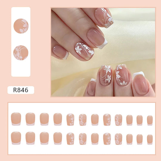 24pcs/set short saure fake nails for Spring summer season french style flowers butterfly design press on false nail art tips