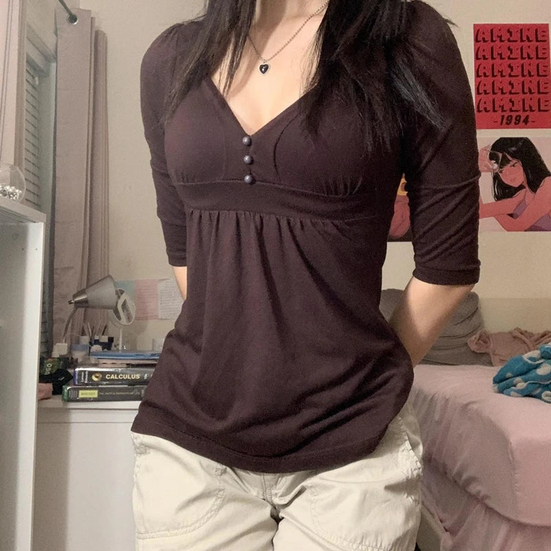 Elegant Lady Casual T-shirt Vintage Brown Button V Neck Slim Pullovers