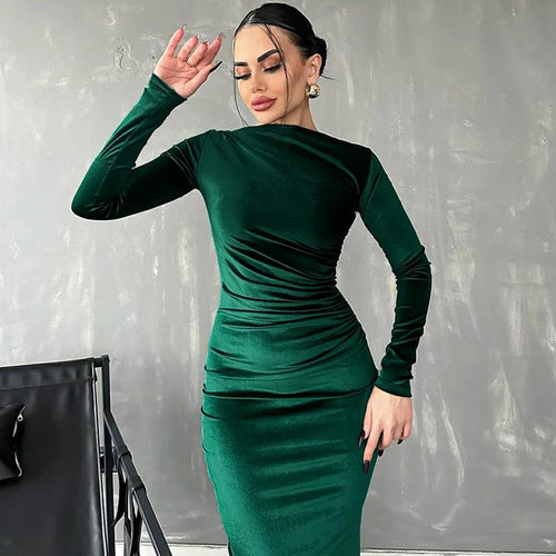 Dulzura Spring Summer Velvet Long Sleeve Midi Dress For Women