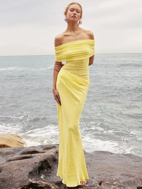 Elegant Yellow Holiday Beach Dresses for Women Sexy Slash Neck Mesh