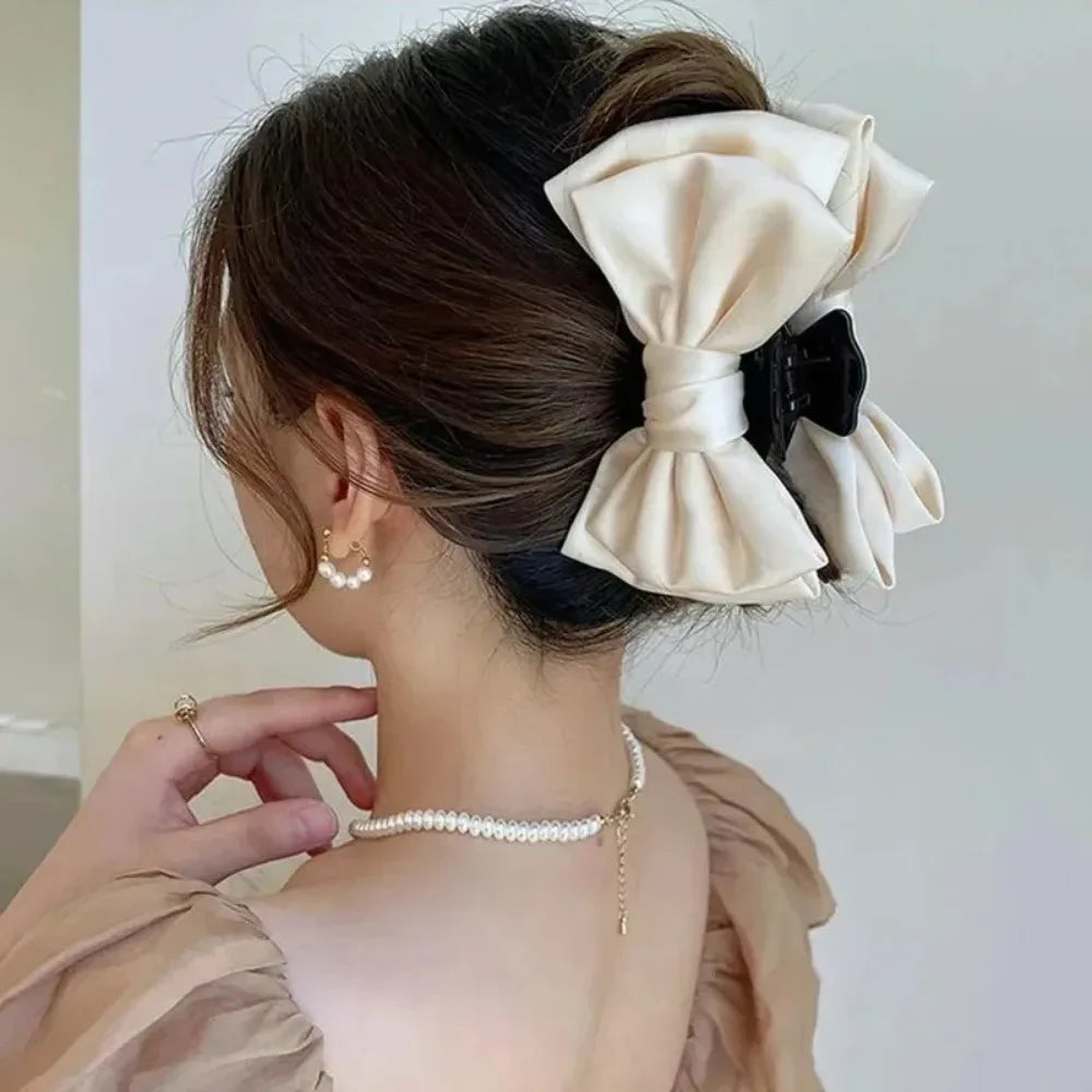 Elegant Women Bow Hair Claw Clips Double-sided Large Satin Shark Hair