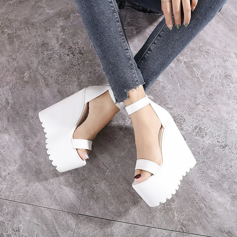 16cm White Wedge Heel New Summer Thick Heel Platform Dance Shoes Sexy T-stage Night Club Super High Heel Women's Sandals