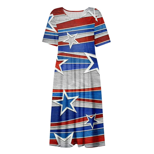 Women's Summer Dresses Casual Fashion Independence Day Printed Dress New Short Sleeved Round Neck Pocket Dress vestidos longos