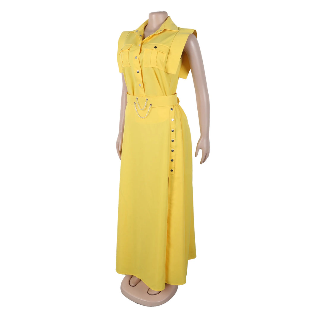 Women's Casual Solid Color Sleeveless Button Front Shirt Blouse and High Waist Big Swing Skirt 2pcs Set