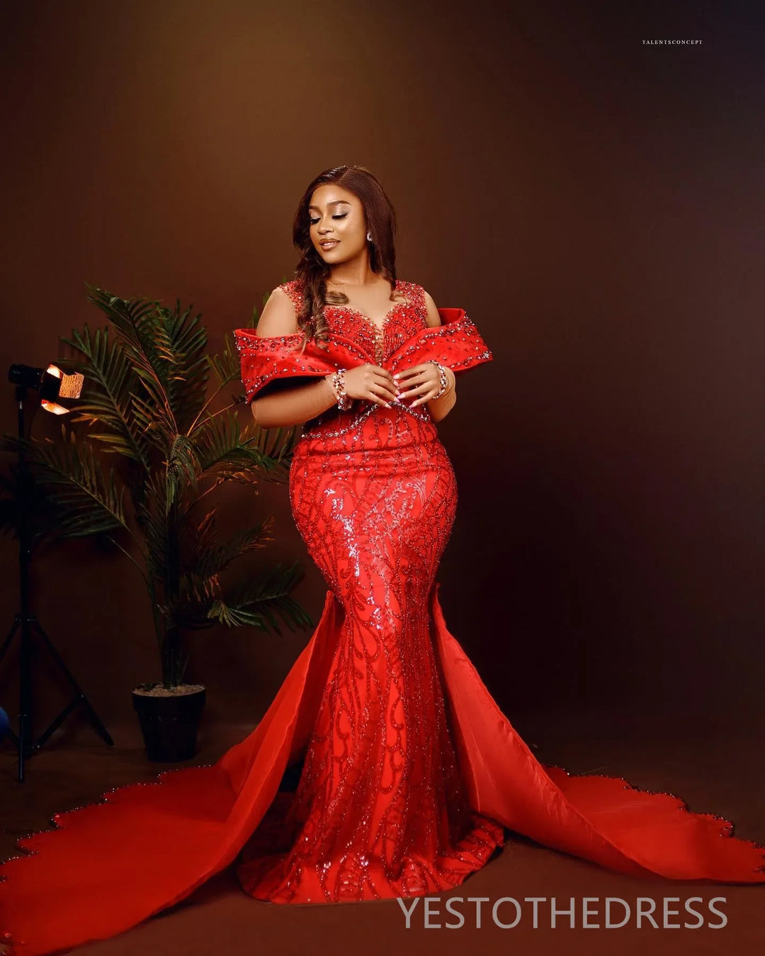 Curvy Size Prom Dress With Detachable Train Red Mermaid Evening Dresses For Women Sheer Neck Beaded Lace Formal Dress