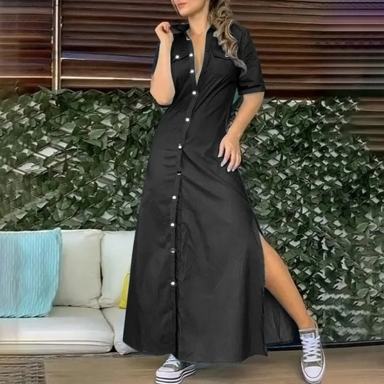 Summer Oversized Women's L-5XL Plus Size Lapel Button Denim Dress Solid Color Oversized Loose Slit Dress Fashion Casual Pocket