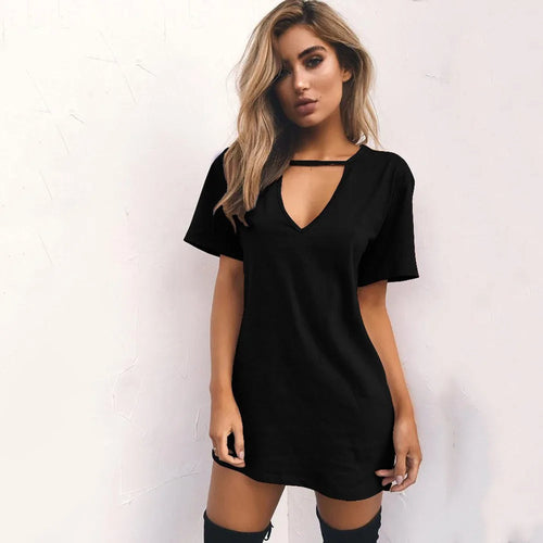 Deep V Neck Sexy Summer Dress Women Solid Color Hanging neck hollow