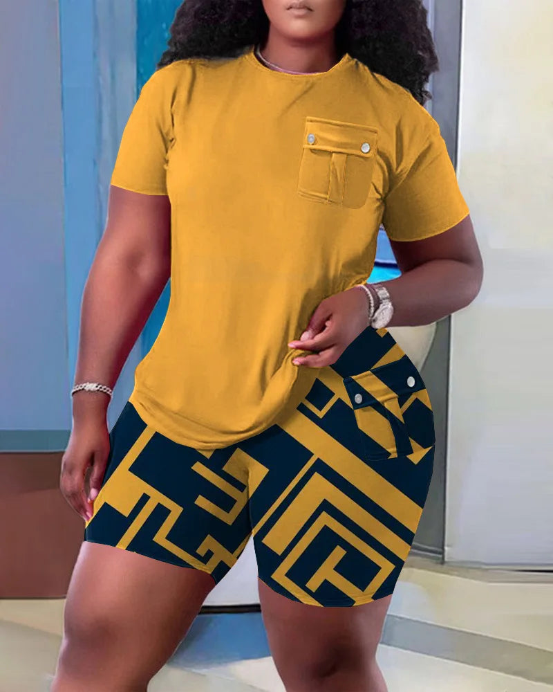 Fashionable Summer New Fashionable Pocket Set High End Simple Loose Printing Short Breathable Casual Home Pocket Set