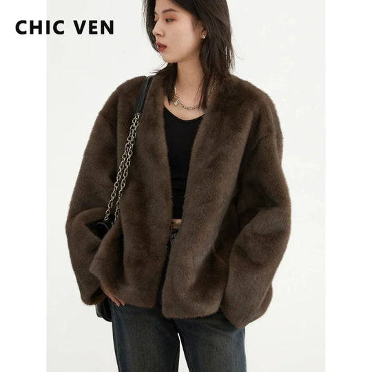 CHIC VEN Women's Jacket Loose Casual Solid Overcoat New Female Plush