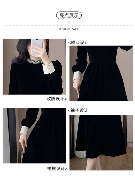 High Quality Fall Winter French Hepburn Velvet Evening Midi Dress