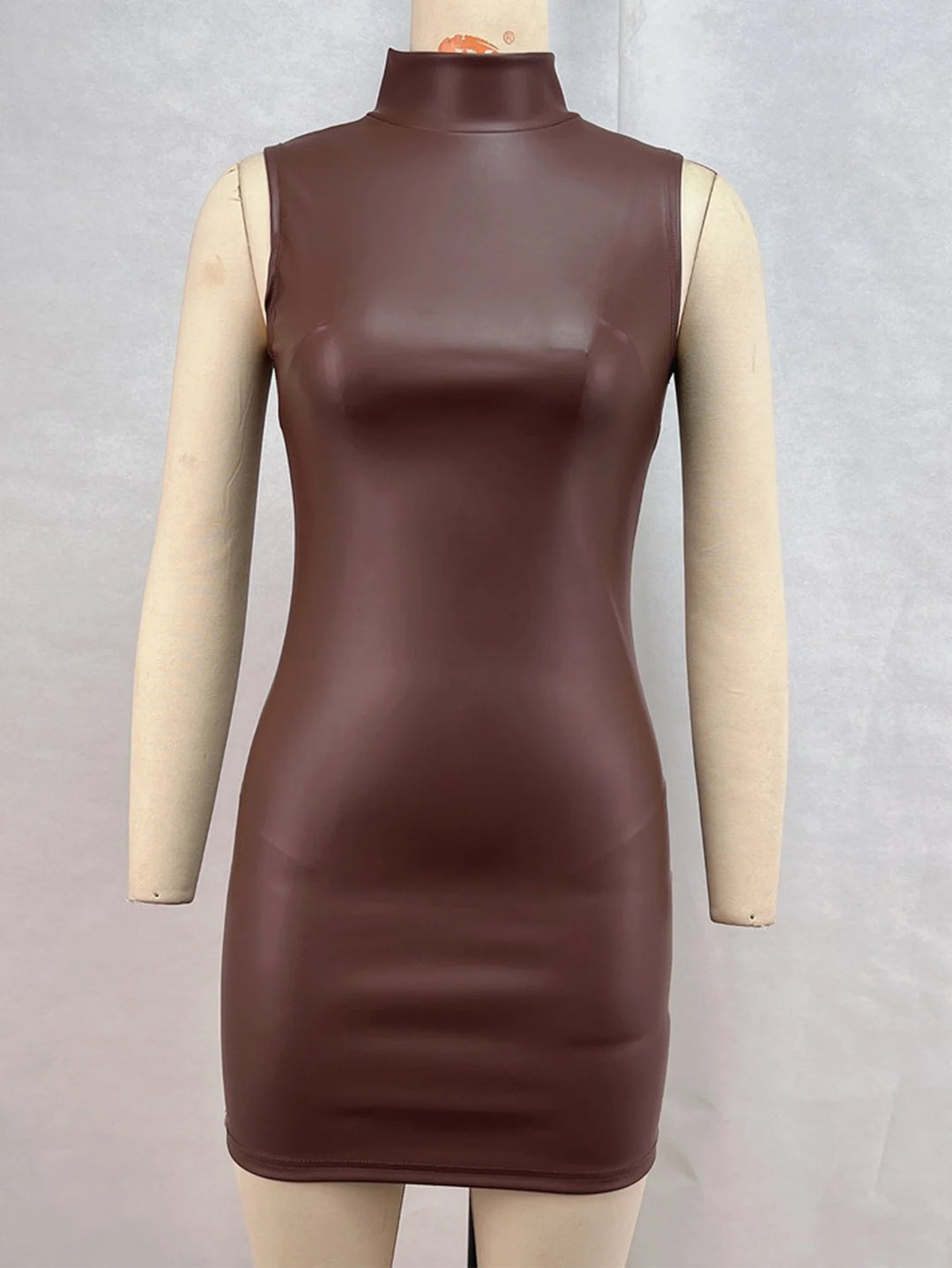 Sexy brown PU leather mini summer dress women clothing elegant bodycon