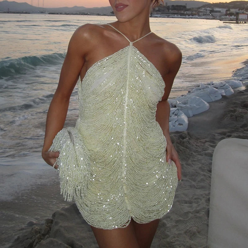 Summer Elegant Temperament Women Prom Gown Fashion Solid Tassels Suspender Dresses Sexy Hollow Out Sleeveless Party Mini Dresses