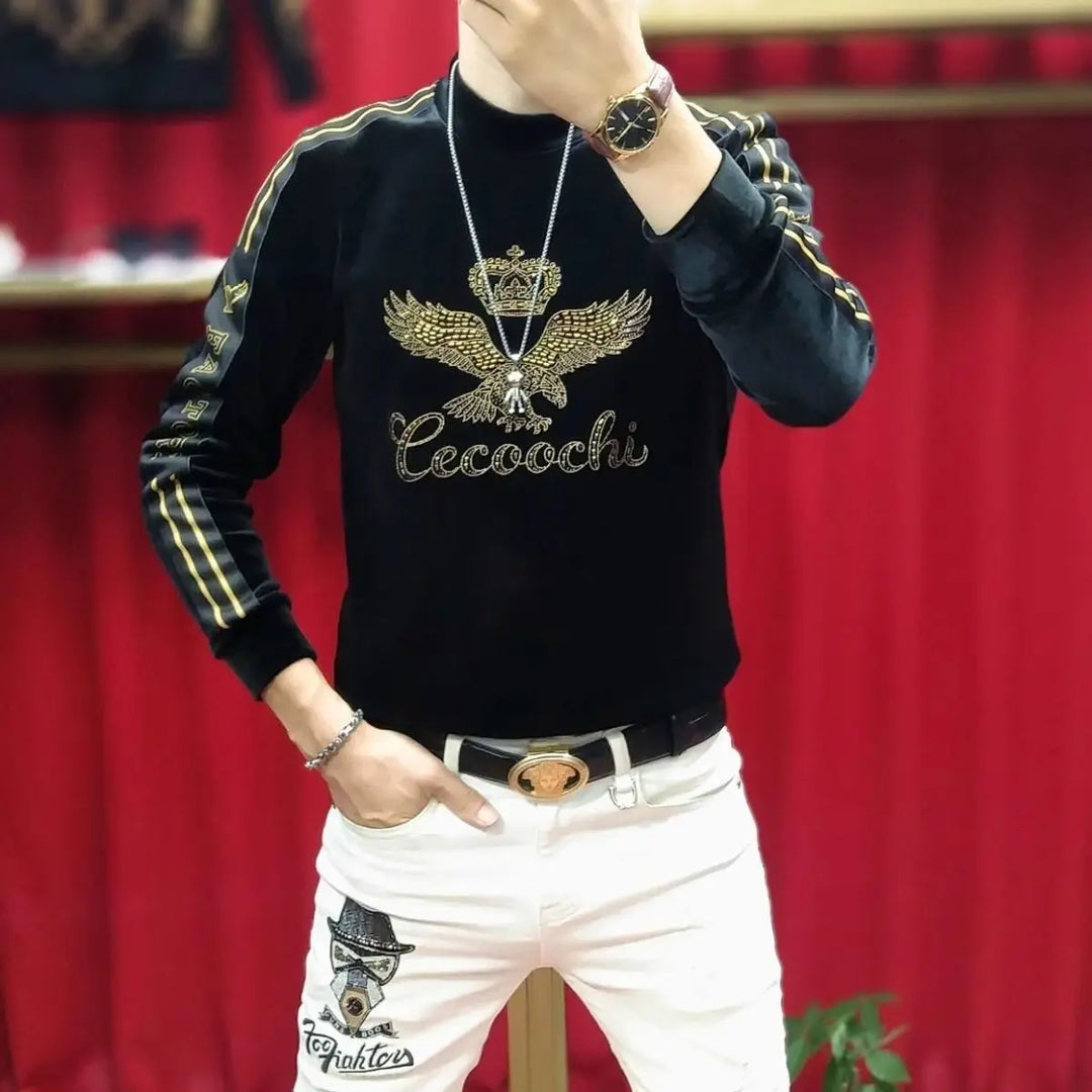 Men's Gold Velvet Plus Velvet Thickened Warm Base Shirt Trendy Diamond Webbing Fashion Top