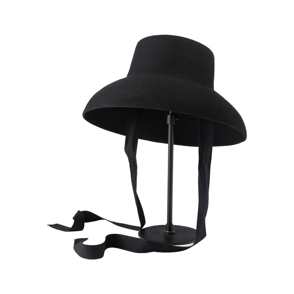 Vintage Elegant Autumn Winter Wool Felt Fedora Hat for Women Flat Top Wide Downturned Brim Hat with Tie Band Church Hat