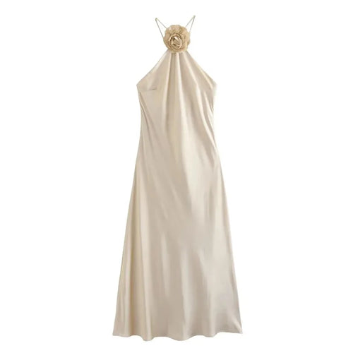 TRAF Flower Halter Dress Woman Off Shoulder Satin Long Dress Women