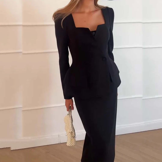 2024 Elegant Square Collar Long Sleeve Blazer&Long Skirts Suit Women