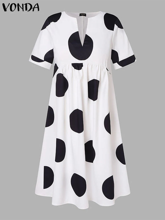 VONDA Plus Size 5XL Women Dress 2024 Summer Bohemian Polka Dot Maxi