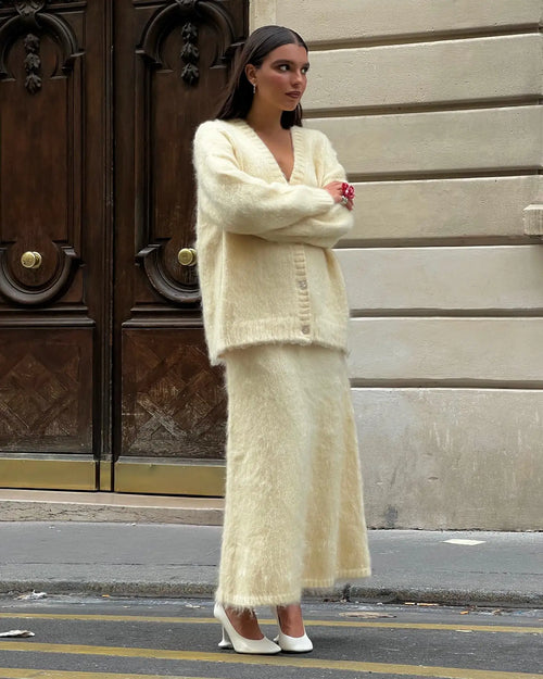 Elegant Solid Mohair Skirt Sets Women Autumn Knit V Neck Cardigan