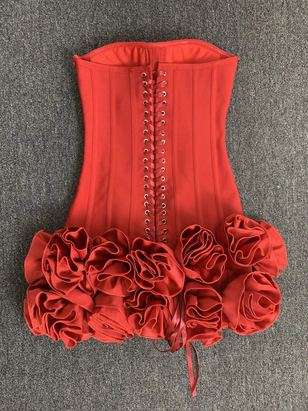 Women Red Evening Bandage Dress Hot Strapless Bodycon Flowers Hem