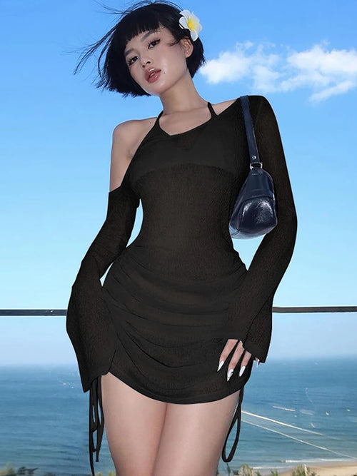 Dulzura Solid Skew Collar Ruched Straps Lace-Up See Through Draw