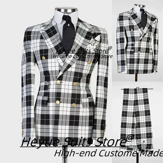 British Plaid Men Suits Slim Fit Double Breasted Groom Wedding Tuxedos 2 Pieces Sets Elegant Male Blazers Ropa Hombre