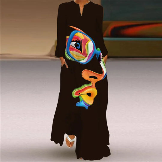 Elegant Women's Long Sleeved Dresses 2025 Spring/Summer New V-neck Pocket Loose Casual Robe Women Clothing S-5XL