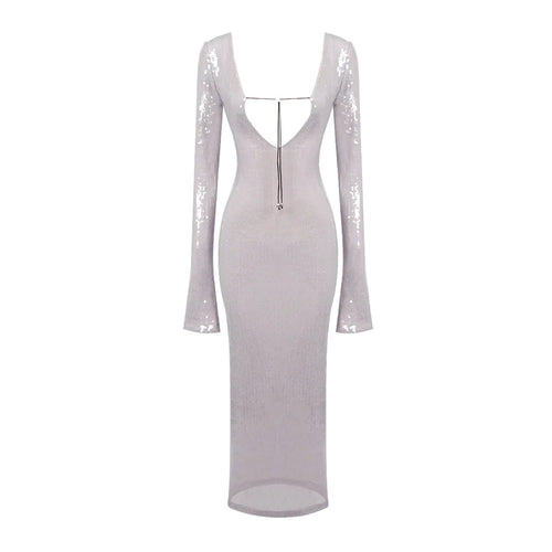 Elegant Lace Up Deep V Bandage Dress Long Sleeves Ankle Length Party