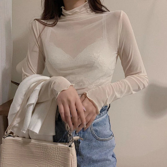 Sexy Women T Shirt See Through Transparent Tops Long Sleeve Ladies