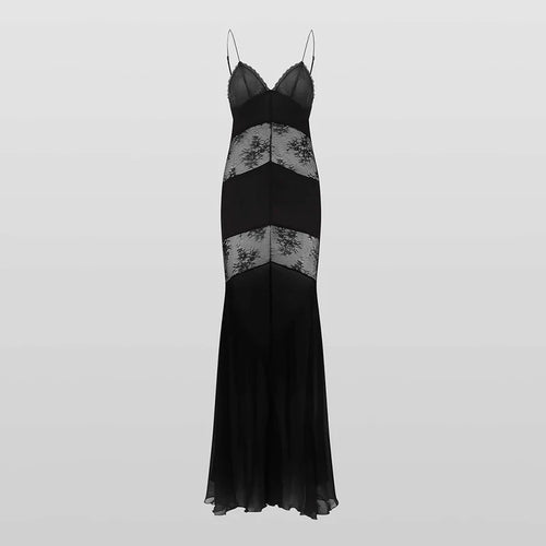 Lace See Through Sling Maxi Dress Women Sexy Slim Black Backless