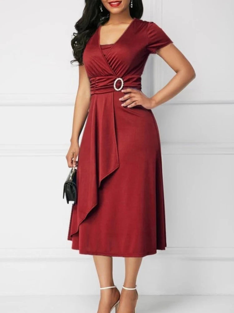 Summer Dresses Elegant Women Solid Color Short Sleeve V Neck