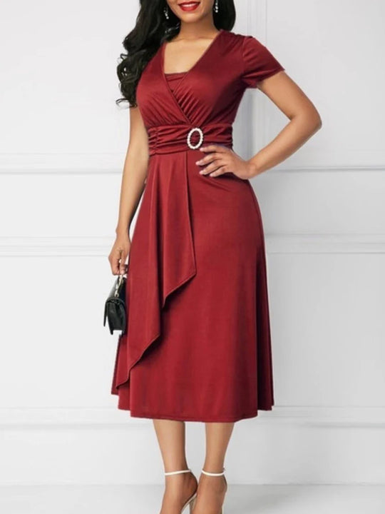 Summer Dresses Elegant Women Solid Color Short Sleeve V Neck