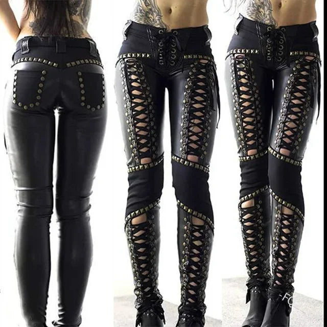 Spring Summer New Women's Clothing Solid Color Punk Rock Imitation Leather Skinny Pants Wish Strap Leather Pants