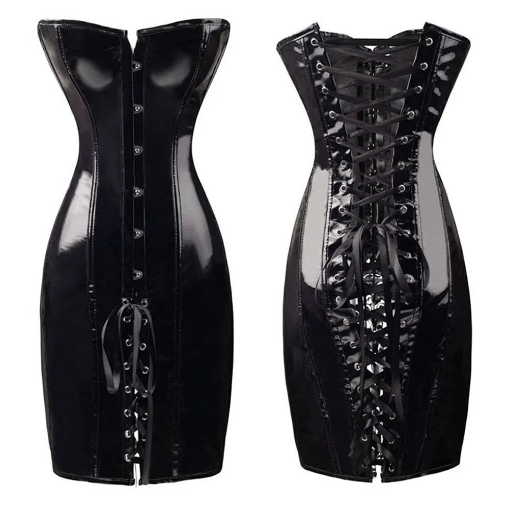Hot Black/Red Long PVC Leather Corset Dress Sexy Women Gothic Waist