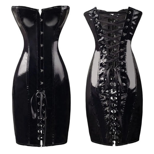 Hot Black/Red Long PVC Leather Corset Dress Sexy Women Gothic Waist