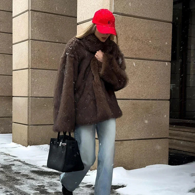 Neo Mint 2024 Winter Faux Fur Coat Women Brand Fashion Fluffy Fox Fur
