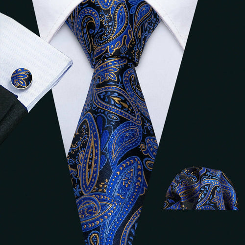 Men Tie Gold Navy Blue Striped Silk Tie 3.4" Jacquard Party