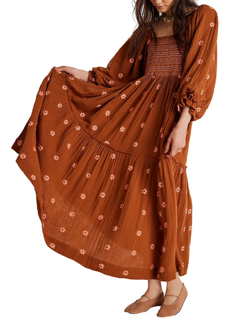Women's Flower Embroidered Long Dress Bodycon Lantern Sleeve Square