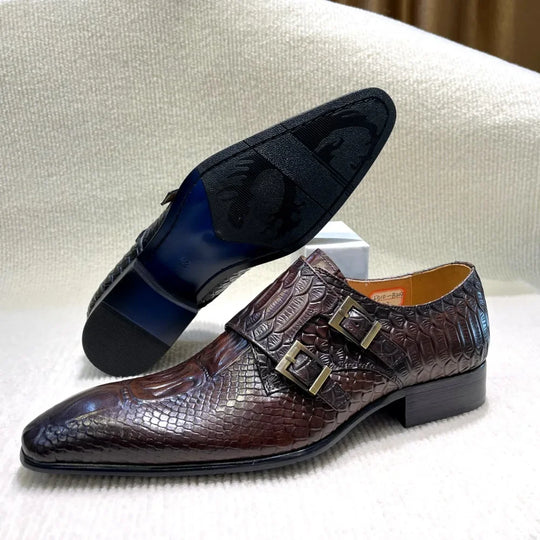 Men's Italian Genuine Leather Formal Oxford Shoes Python Crocodile Pattern Button Detailing for Office Party Wedding Footwear