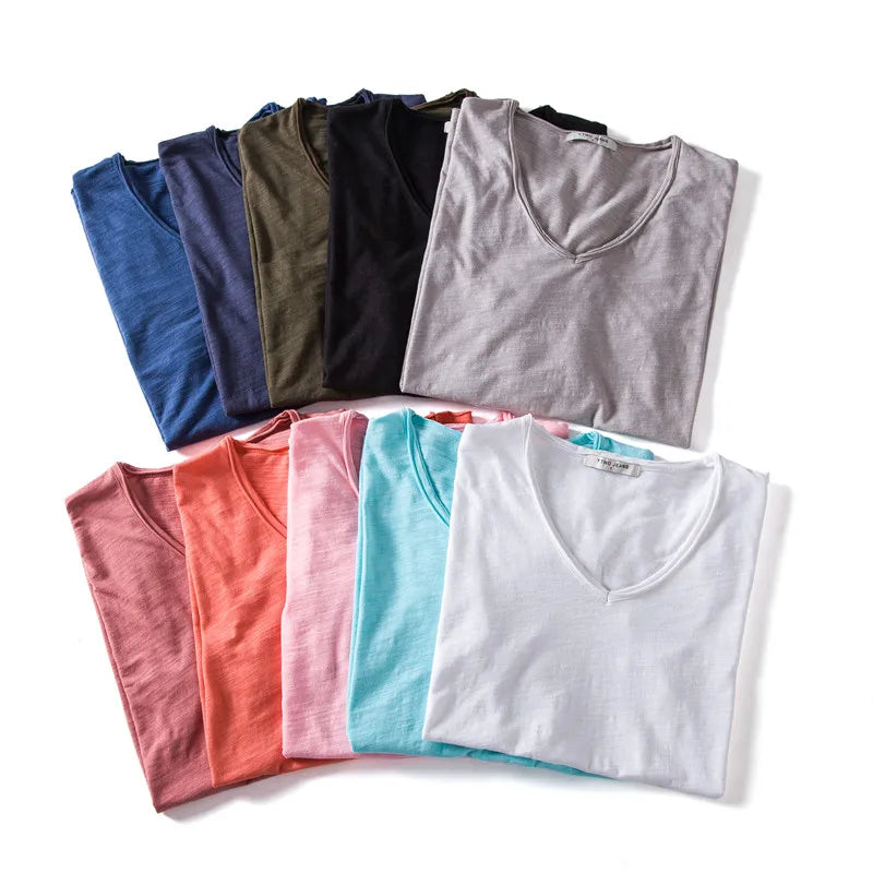Wholesale Drop-Ship 100% Cotton Men T-shirt V-neck Slim Soild T-shirts