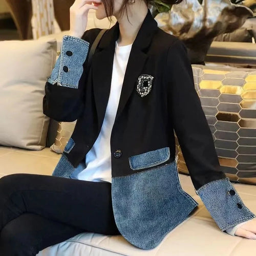 Denim Splice Coat Jacket Women Blazer 2024 Spring And Summer New