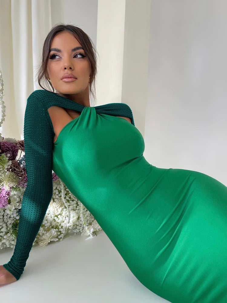 Mozision Hollow Out Sparkle Long Sleeve Maxi Dress For Women Glitter