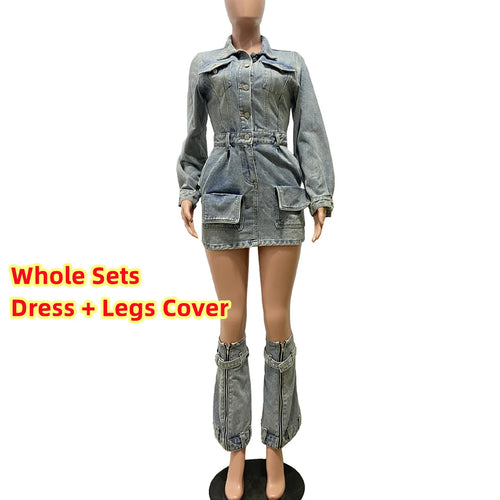 FAGADOER Fashion Button Long Sleeve Denim Mini Dress Women Turndown