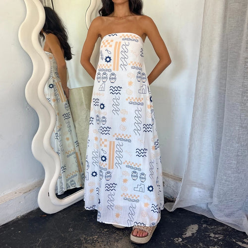 Beach Holiday Strapless Maxi Tube Dress Vintage Fruit Print Backless