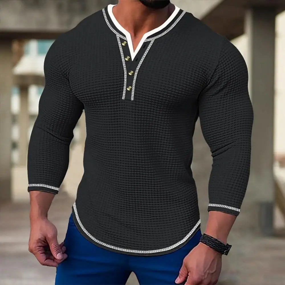 New Men's Waffle Solid color T-shirt Long sleeve V-cardigan Henry Neck