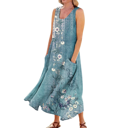 Women's Summer Casual Fashion  Printed Sleeveless Round Neck Pocket Dress