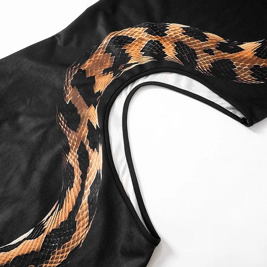 Black Cut Out Beach Dress Women Fashion Snake Print Slim Club Party