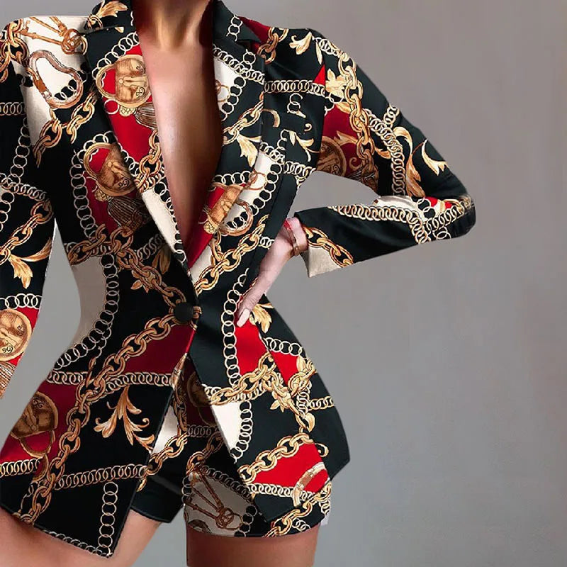 Fashion Turn-down Collar Printed Top Pants Set Women Elegant Full Sleeve Top Short Pants Suit Lady Summer Chic Casual Sets