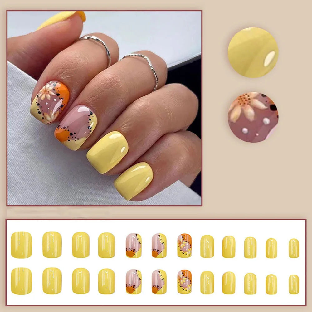 24pcs/set short saure fake nails for Spring summer season french style flowers butterfly design press on false nail art tips