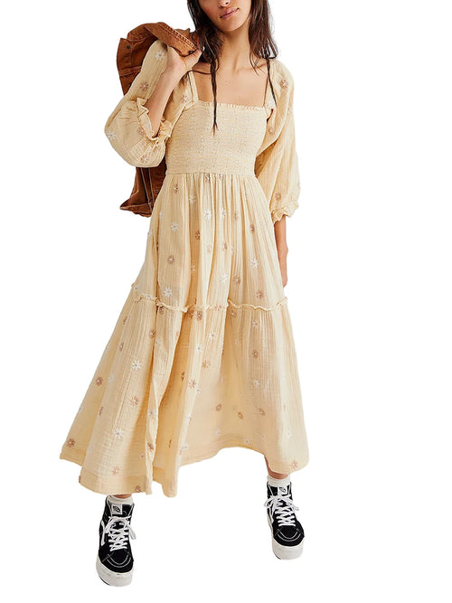 Women's Flower Embroidered Long Dress Bodycon Lantern Sleeve Square