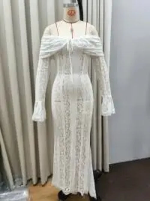 Lace Hollow Out One-shoulder Slim Long Dress For Women Solid Lace Up